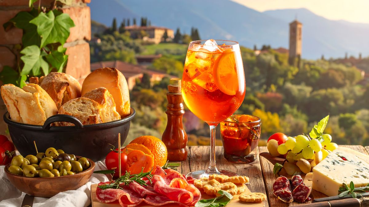 A rustic outdoor table in the Italian countryside featuring a bright orange Aperol spritz, a basket of crusty bread, fresh olives, and a charcuterie board with a scenic vineyard and bell tower in the background.